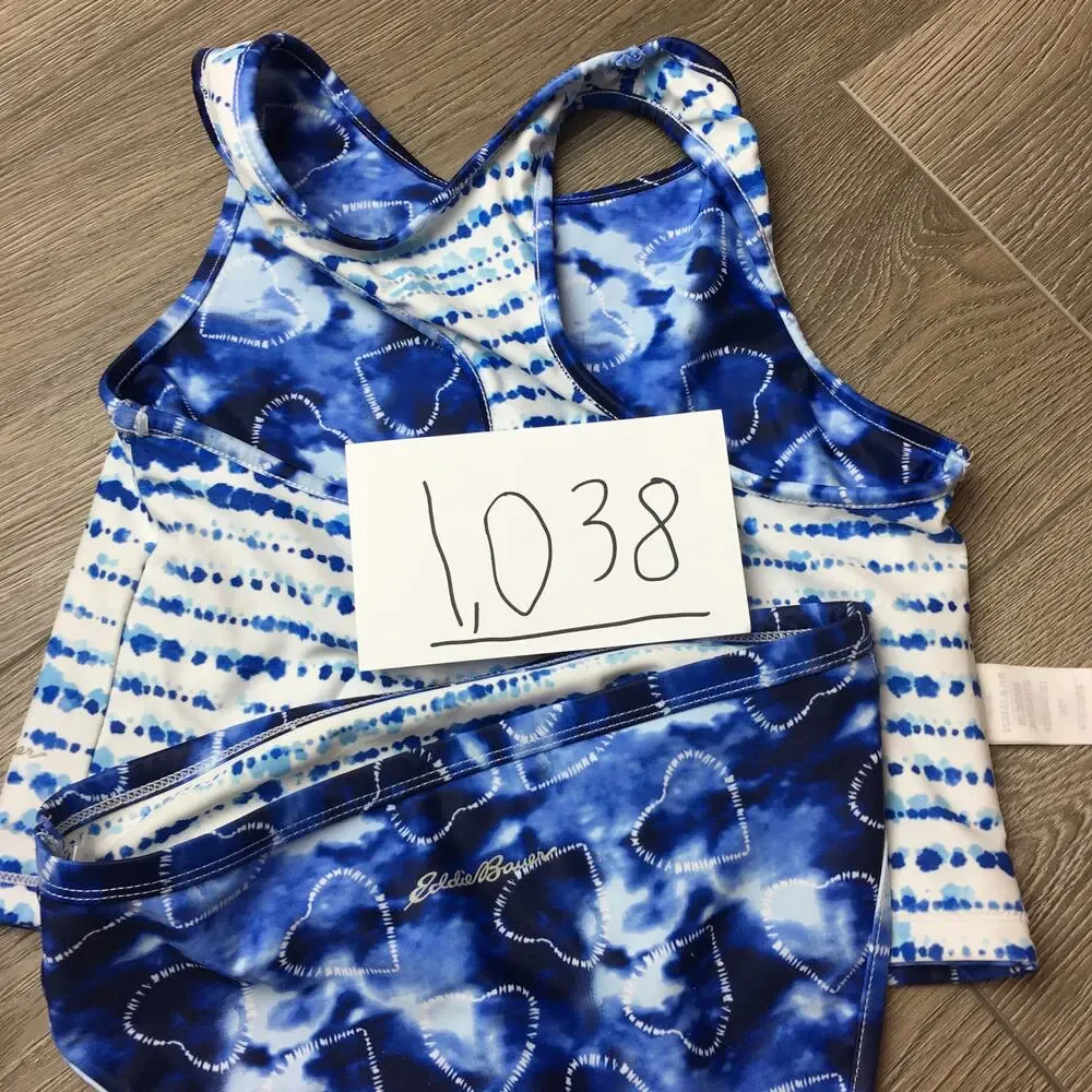 Eddie Bauer Girls Reversible 2 Piece Swimsuit Set Blue White Heart Small 7/8